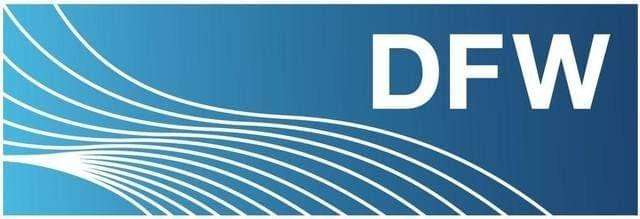 Imagine a blue rectangular field featuring white, dynamic lines that cascade inwards from the left edge toward the middle. To the right of this visual spectacle, bold white lettering proudly declares: "DFW Airport Transfer.