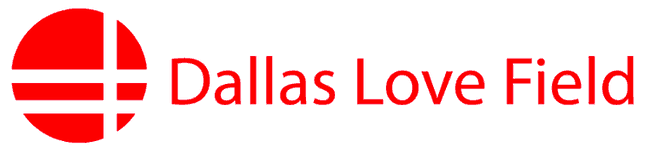 The image showcases the emblem for Dallas Love Field, presenting a vivid red circle adorned with intersecting white horizontal and vertical lines at its core. Adjacent to this graphic element, the words "Dallas Love Field" are strikingly rendered in bold red letters. For passengers contemplating DFW Airport Transfer services, this logo epitomizes a highly frequented transportation nucleus within Dallas.