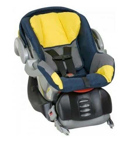 Introducing a rear-facing infant car seat, seamlessly integrated for your DFW Airport Transfer experience. Featuring an inviting yellow and gray cushioned interior, this car seat epitomizes comfort and security with its black safety harness. The sides are adorned with dark blue padding, ensuring extra protection during your journey. For a worry-free installation in any vehicle, it boasts a sturdy black base.