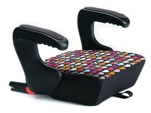 Child booster seat with black armrests and a colorful heart-patterned cushion, perfect for use as a taxi car seat.