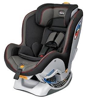 A black and grey convertible taxi car seat with safety harness and adjustable headrest.