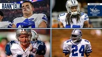 Four Dallas Cowboys football players, each in a separate quadrant, with 'Rank 'Em' text in the top-left corner. Featuring Texarkana Taxi DFW Airport service for all your fan travel needs.