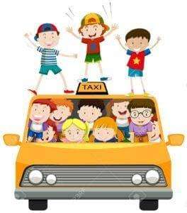 A group of happy children excitedly standing and sitting on a yellow DFW taxi airport cab, waving and smiling. A group of happy children excitedly standing and sitting on a yellow DFW taxi airport cab, waving and smiling.
