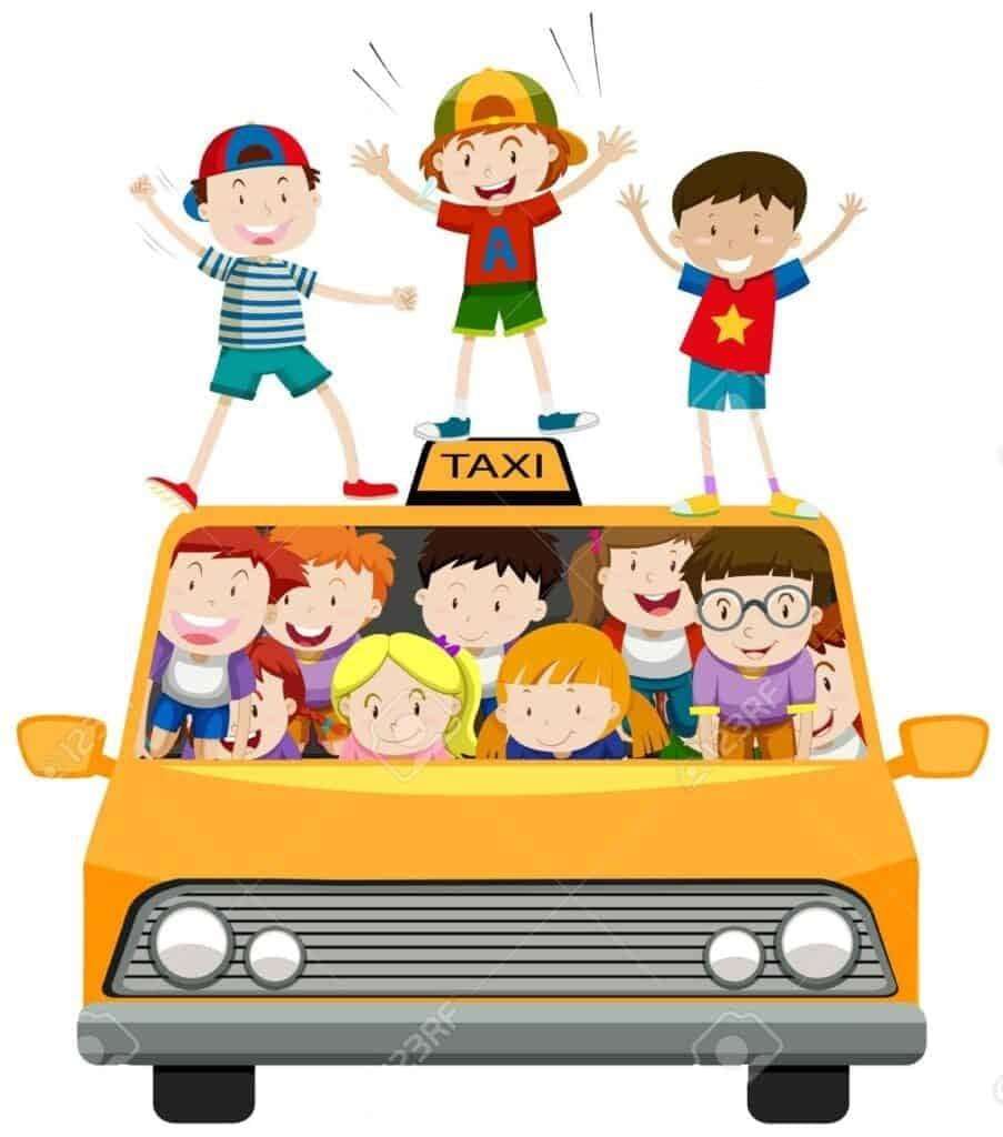 A group of happy children excitedly standing and sitting on a yellow DFW taxi airport cab, waving and smiling.