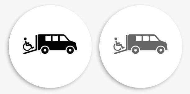 Medical Transportation Black and White Round Icon. This 100% royalty free vector illustration is featuring a round button with a drop shadow and the main icon is depicted in black and in grey for a roll-over effect.