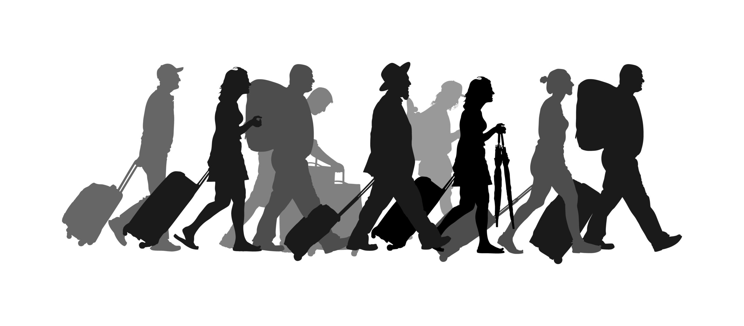 Passengers with luggage walking at airport vector silhouette. Travelers with many bags go home. Man and woman carry baggage. People with heavy cargo load waiting taxi after holiday. Refugees on border