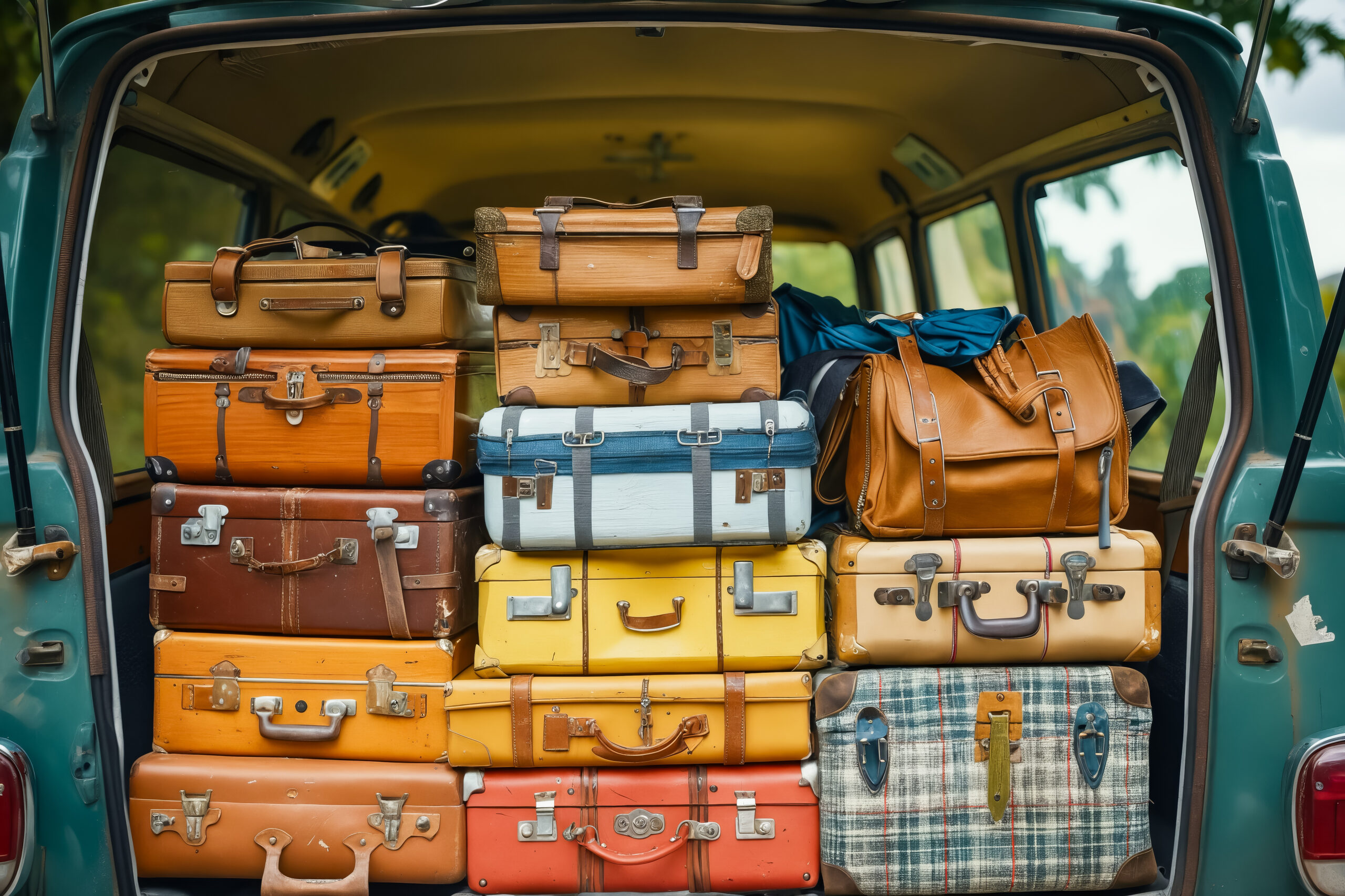 A blue car is filled with luggage, including a yellow suitcase. The luggage is piled high in the back of the car, creating a sense of excitement and adventure