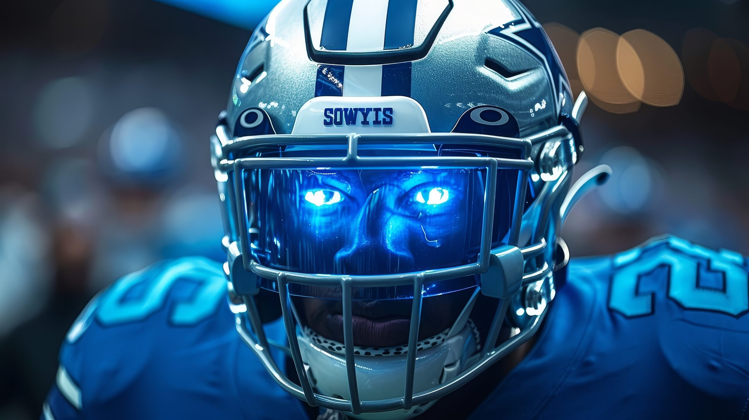 Stunning promotional photography showcasing the new Dallas Cowboys uniform design,featuring a bold blue jersey and sleek silver helmet.